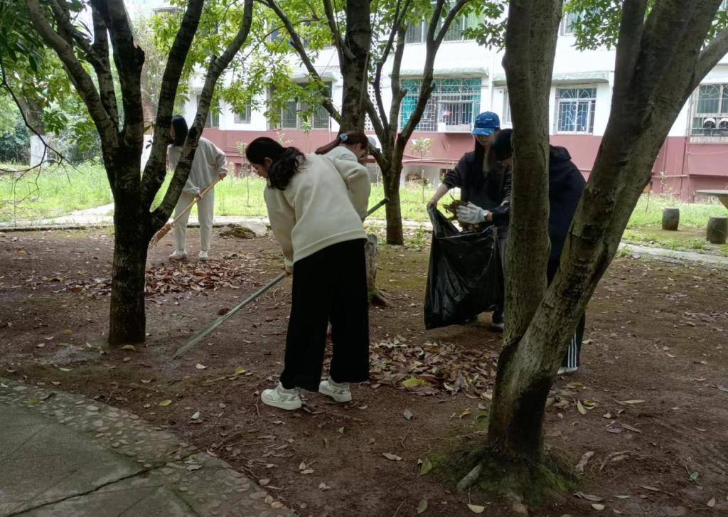 同学们把落叶装入垃圾袋