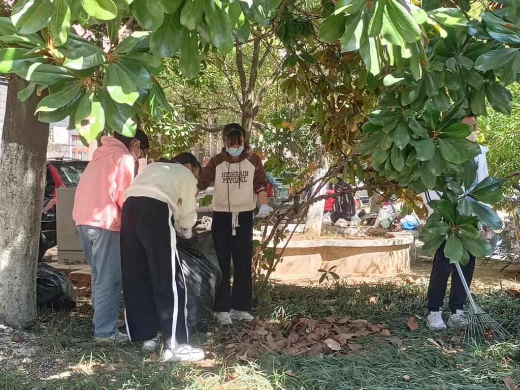 同学们合力将落叶装进垃圾袋